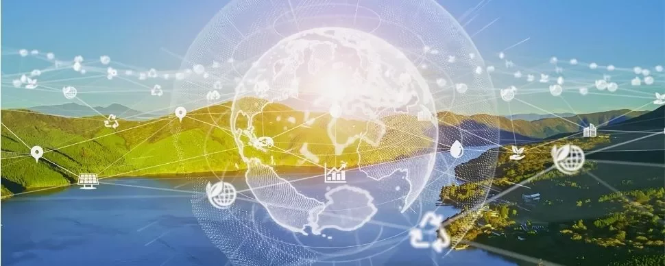 Digital globe over a scenic landscape with icons of sustainability and technology.