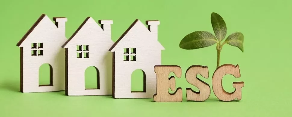 Wooden houses and ESG text with green plant on green background