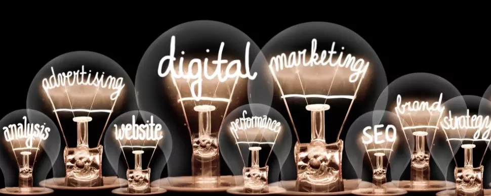Light bulbs with words: advertising, analysis, website, digital, marketing, performance, SEO, brand, strategy.