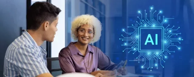 Two people discussing with a digital AI graphic in the background.
