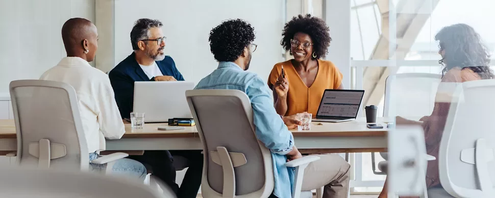 Group of diverse colleagues having a discussion around a conference table.