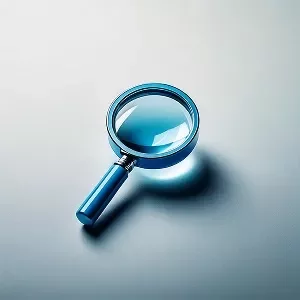 Blue magnifying glass icon on a light surface, symbolizing search and analysis.