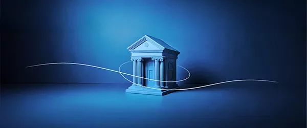 A stylized blue classical bank building with columns, highlighted by a white dynamic line symbolizing financial services and stability.