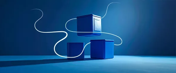 Three blue cubic containers arranged on a blue background, with a white flowing line evoking movement and supply chain dynamics