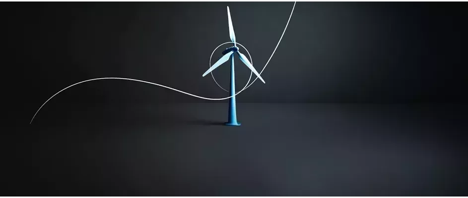 A blue wind turbine centered on a dark surface, accented by a white dynamic line representing renewable energy and sustainable power.