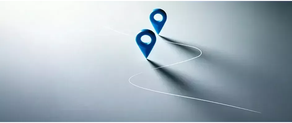 Two blue location markers on a blue background, connected by a white flowing line indicating logistics and navigation