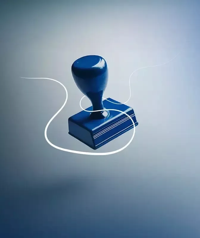 A blue office stamp on a soft blue gradient background, traced by a flowing white line that represents administrative support, document processing, and office operations