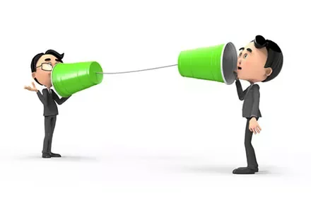 Two cartoon figures talking using green cups connected by string.