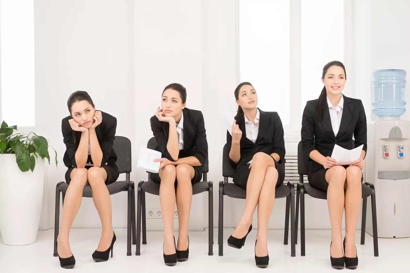 Four women in business attire sitting on chairs with different expressions, next to a water cooler.