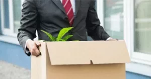 Businessman in a suit carrying a cardboard box with a plant.