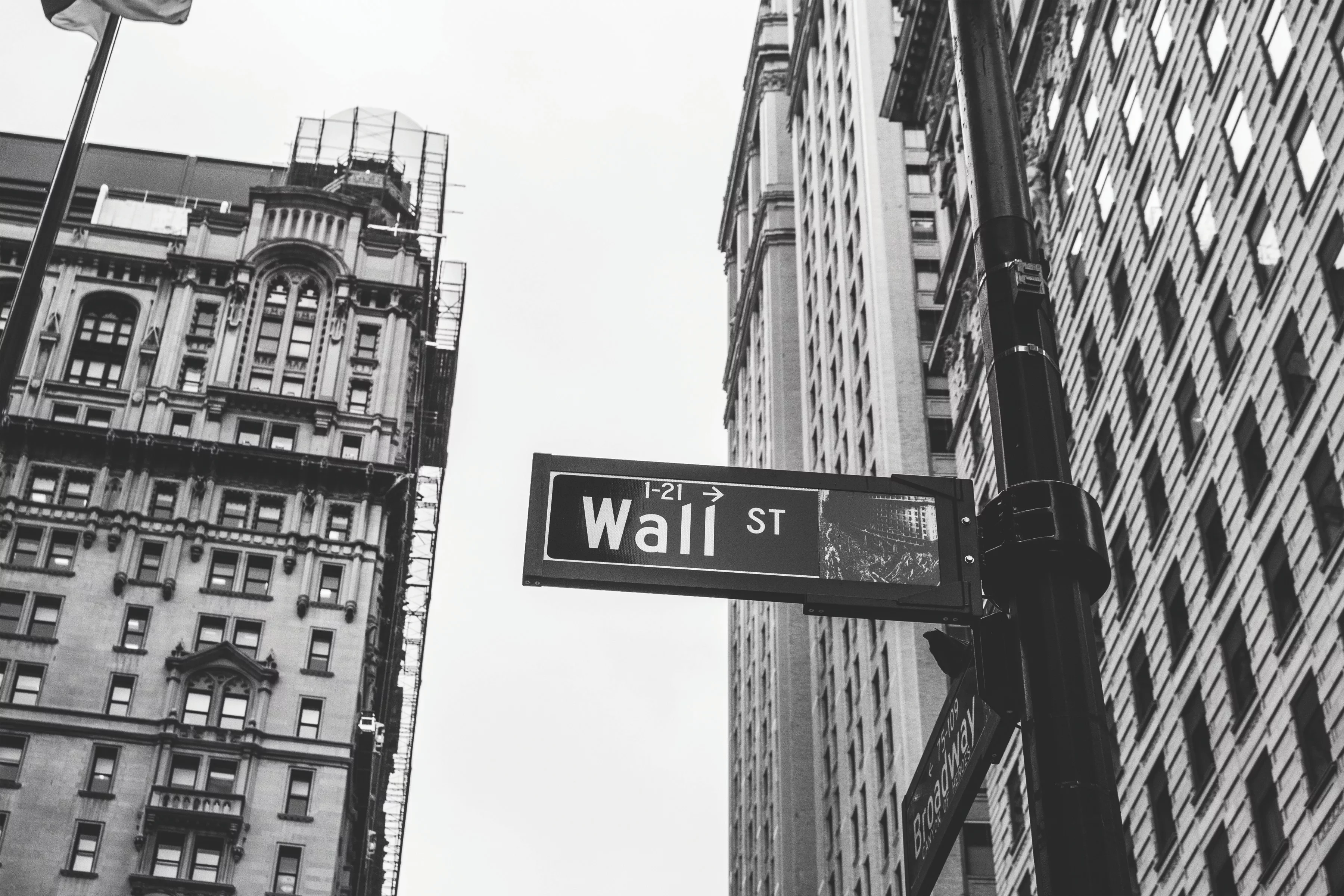 Black and white photo of Wall Street sign with tall buildings in the background.