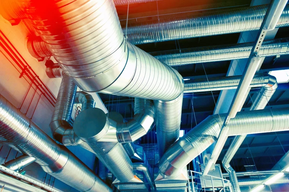Network of metal air ducts in an industrial building