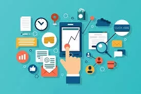 Digital marketing icons surrounding smartphone with analytics graph on screen.