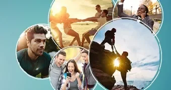 Collage of diverse people enjoying outdoor activities and teamwork.