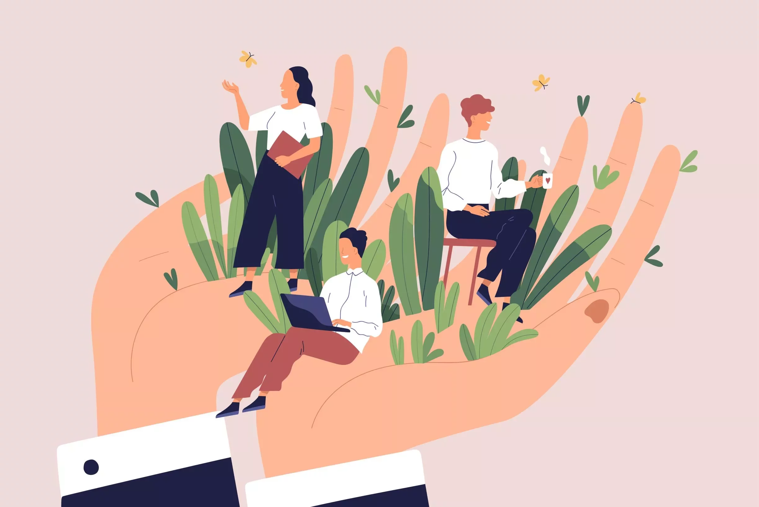 Illustration of three people working and relaxing on a large open hand.