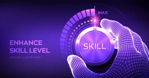 3D wireframe hand turning a glowing dial labeled 'Skill' to max.