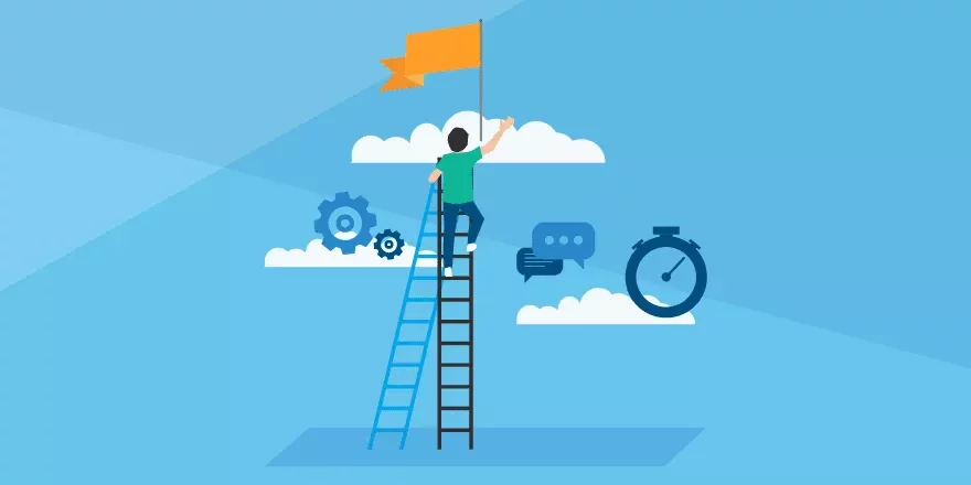 Person climbing ladder to reach flag amidst clouds, gears, chat bubble, and stopwatch on a blue background.