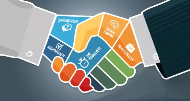 Illustration of a handshake highlighting skills like communication and time management